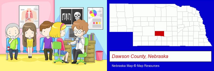 a clinic, showing a doctor and four patients; Dawson County, Nebraska highlighted in red on a map