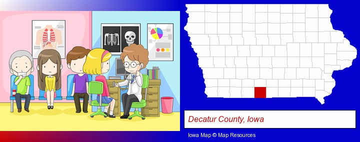 a clinic, showing a doctor and four patients; Decatur County, Iowa highlighted in red on a map