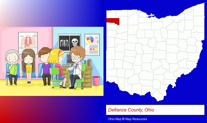 a clinic, showing a doctor and four patients; Defiance County, Ohio highlighted in red on a map