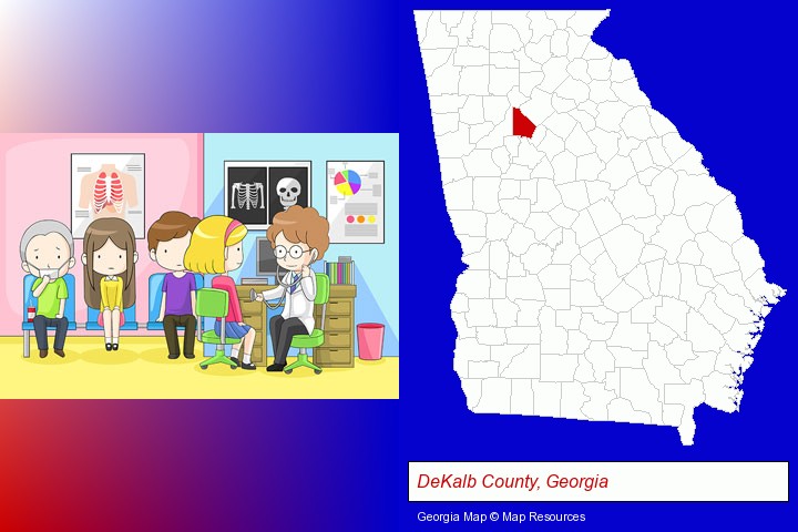 a clinic, showing a doctor and four patients; DeKalb County, Georgia highlighted in red on a map