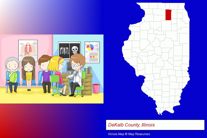 a clinic, showing a doctor and four patients; DeKalb County, Illinois highlighted in red on a map