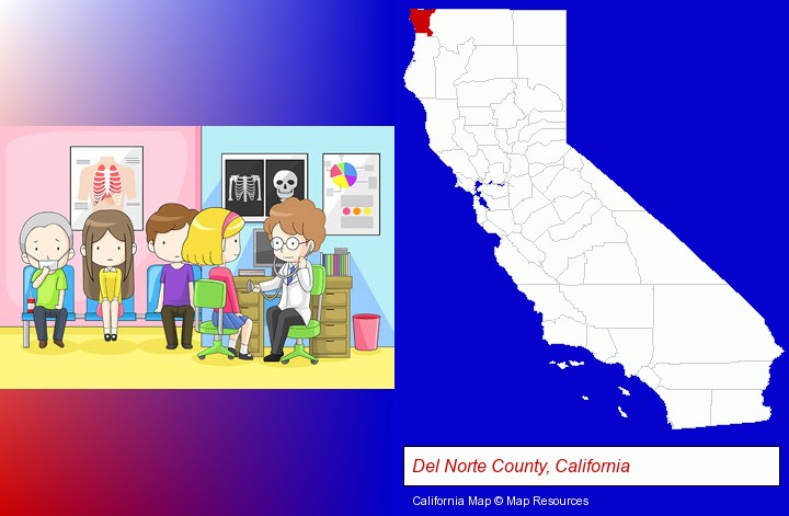 a clinic, showing a doctor and four patients; Del Norte County, California highlighted in red on a map