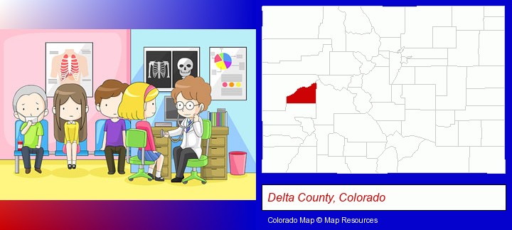 a clinic, showing a doctor and four patients; Delta County, Colorado highlighted in red on a map