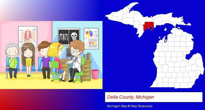 a clinic, showing a doctor and four patients; Delta County, Michigan highlighted in red on a map