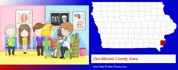 a clinic, showing a doctor and four patients; Des Moines County, Iowa highlighted in red on a map