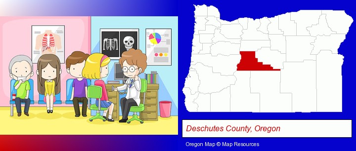 a clinic, showing a doctor and four patients; Deschutes County, Oregon highlighted in red on a map