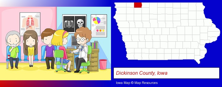 a clinic, showing a doctor and four patients; Dickinson County, Iowa highlighted in red on a map