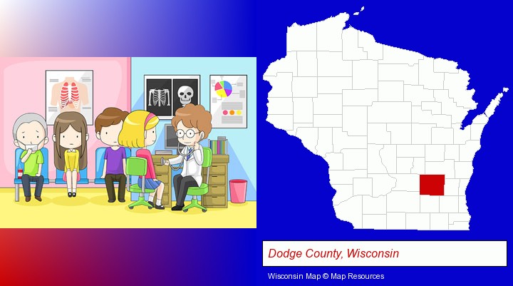 a clinic, showing a doctor and four patients; Dodge County, Wisconsin highlighted in red on a map