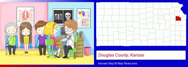 a clinic, showing a doctor and four patients; Douglas County, Kansas highlighted in red on a map