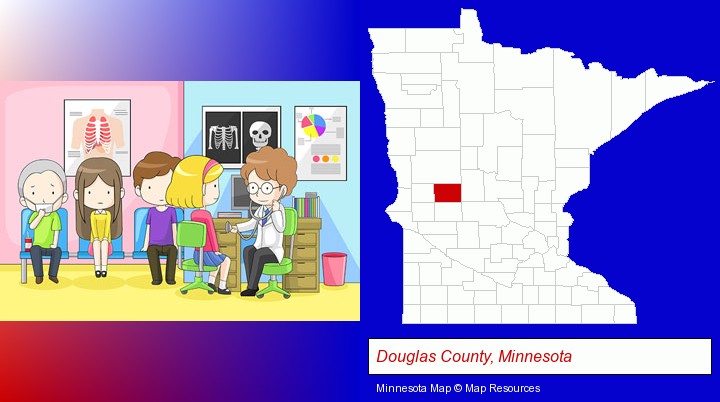 a clinic, showing a doctor and four patients; Douglas County, Minnesota highlighted in red on a map