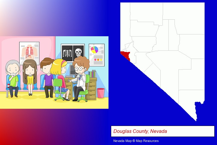 a clinic, showing a doctor and four patients; Douglas County, Nevada highlighted in red on a map