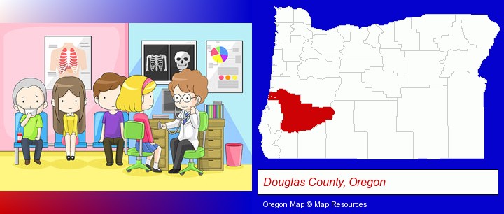 a clinic, showing a doctor and four patients; Douglas County, Oregon highlighted in red on a map