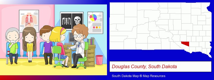 a clinic, showing a doctor and four patients; Douglas County, South Dakota highlighted in red on a map