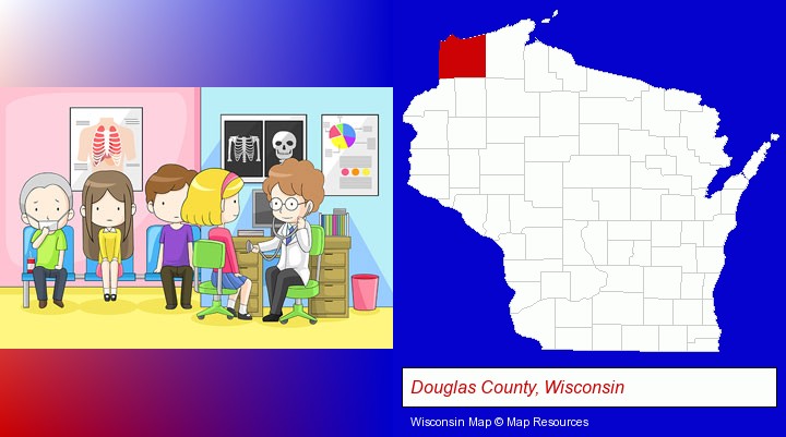 a clinic, showing a doctor and four patients; Douglas County, Wisconsin highlighted in red on a map