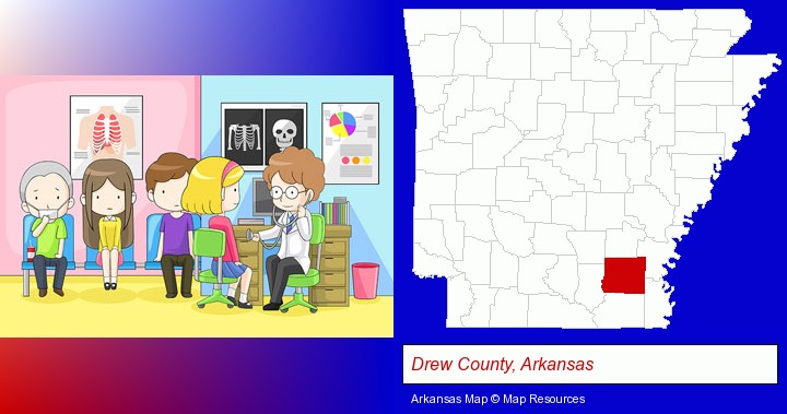 a clinic, showing a doctor and four patients; Drew County, Arkansas highlighted in red on a map