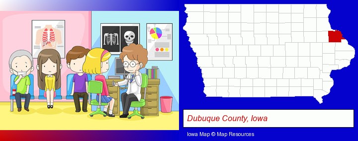 a clinic, showing a doctor and four patients; Dubuque County, Iowa highlighted in red on a map