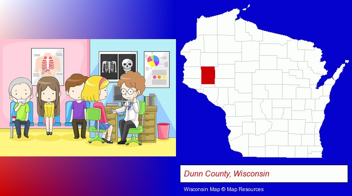 a clinic, showing a doctor and four patients; Dunn County, Wisconsin highlighted in red on a map