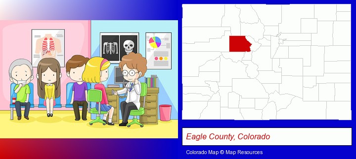 a clinic, showing a doctor and four patients; Eagle County, Colorado highlighted in red on a map