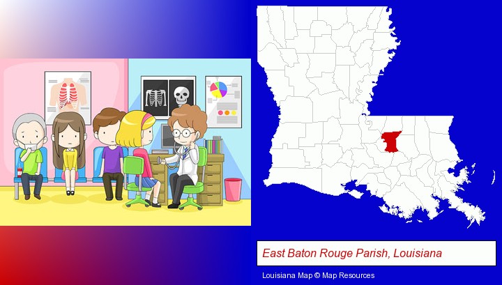 a clinic, showing a doctor and four patients; East Baton Rouge Parish, Louisiana highlighted in red on a map