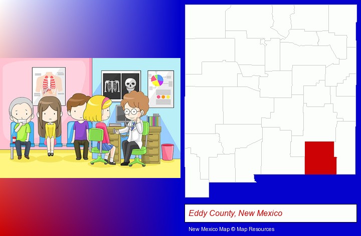 a clinic, showing a doctor and four patients; Eddy County, New Mexico highlighted in red on a map