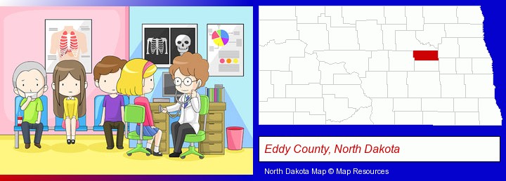 a clinic, showing a doctor and four patients; Eddy County, North Dakota highlighted in red on a map