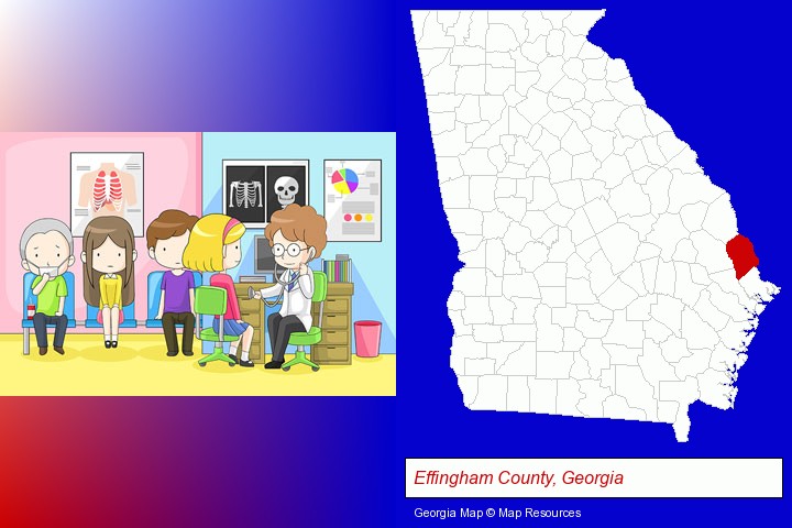 a clinic, showing a doctor and four patients; Effingham County, Georgia highlighted in red on a map