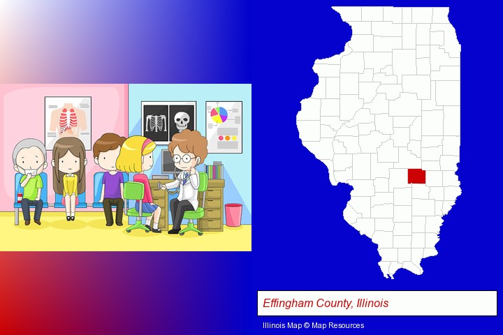 a clinic, showing a doctor and four patients; Effingham County, Illinois highlighted in red on a map