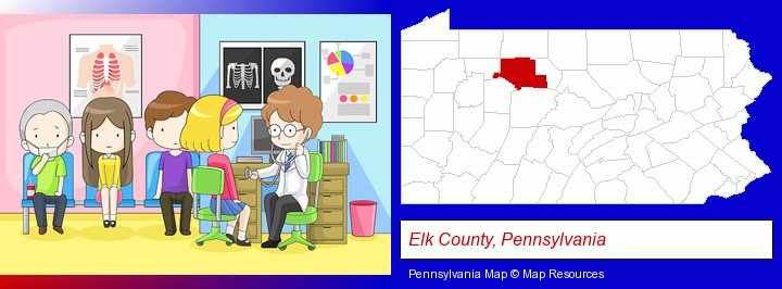 a clinic, showing a doctor and four patients; Elk County, Pennsylvania highlighted in red on a map