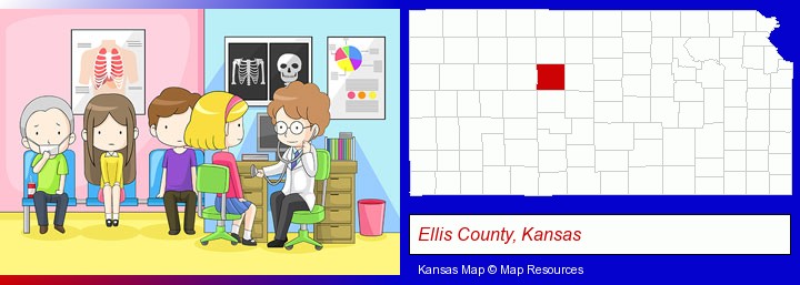 a clinic, showing a doctor and four patients; Ellis County, Kansas highlighted in red on a map