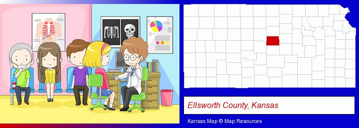 a clinic, showing a doctor and four patients; Ellsworth County, Kansas highlighted in red on a map