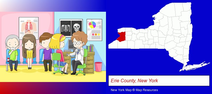 a clinic, showing a doctor and four patients; Erie County, New York highlighted in red on a map