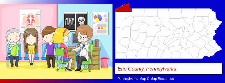 a clinic, showing a doctor and four patients; Erie County, Pennsylvania highlighted in red on a map