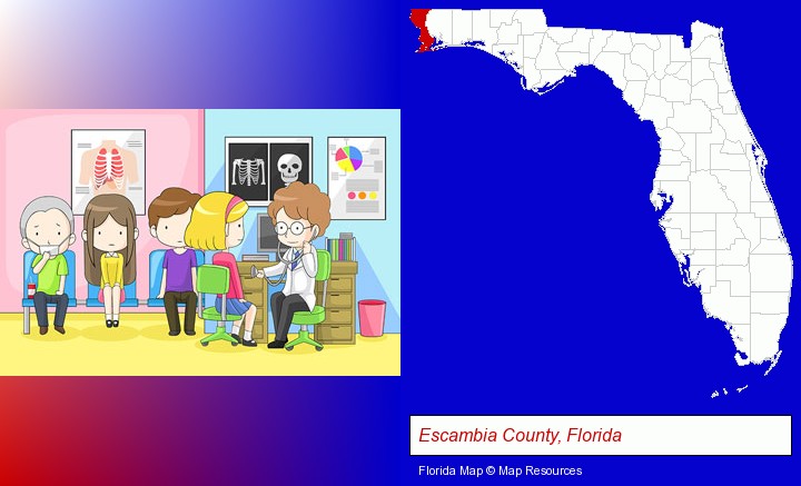 a clinic, showing a doctor and four patients; Escambia County, Florida highlighted in red on a map