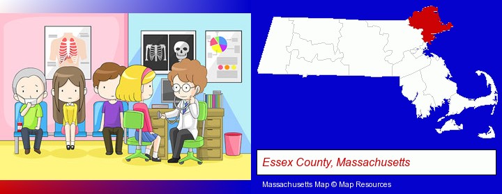 a clinic, showing a doctor and four patients; Essex County, Massachusetts highlighted in red on a map