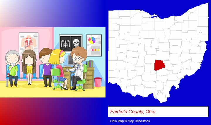 a clinic, showing a doctor and four patients; Fairfield County, Ohio highlighted in red on a map