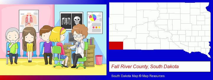 a clinic, showing a doctor and four patients; Fall River County, South Dakota highlighted in red on a map