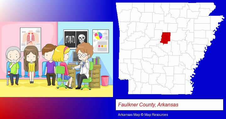 a clinic, showing a doctor and four patients; Faulkner County, Arkansas highlighted in red on a map