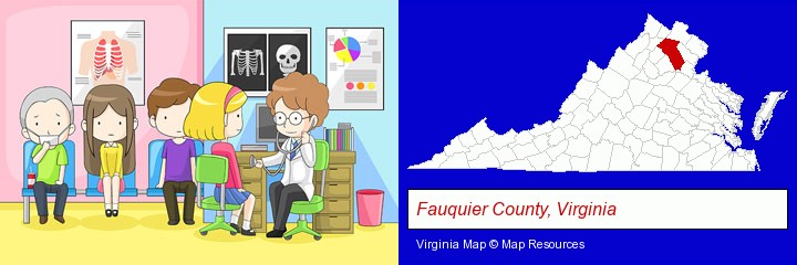 a clinic, showing a doctor and four patients; Fauquier County, Virginia highlighted in red on a map