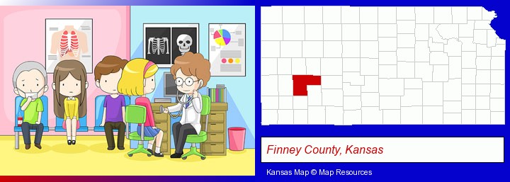 a clinic, showing a doctor and four patients; Finney County, Kansas highlighted in red on a map