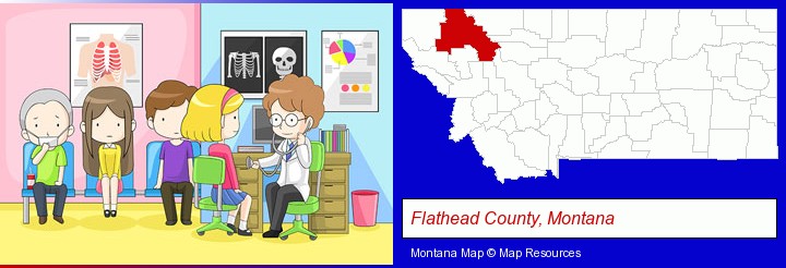 a clinic, showing a doctor and four patients; Flathead County, Montana highlighted in red on a map