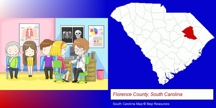 a clinic, showing a doctor and four patients; Florence County, South Carolina highlighted in red on a map