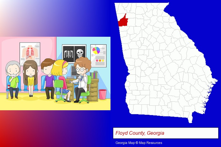 a clinic, showing a doctor and four patients; Floyd County, Georgia highlighted in red on a map