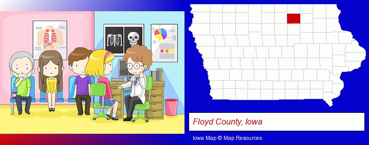 a clinic, showing a doctor and four patients; Floyd County, Iowa highlighted in red on a map