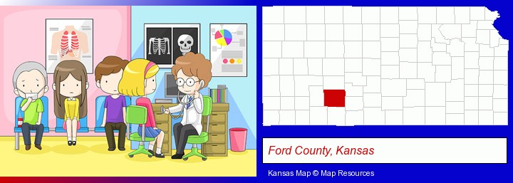 a clinic, showing a doctor and four patients; Ford County, Kansas highlighted in red on a map