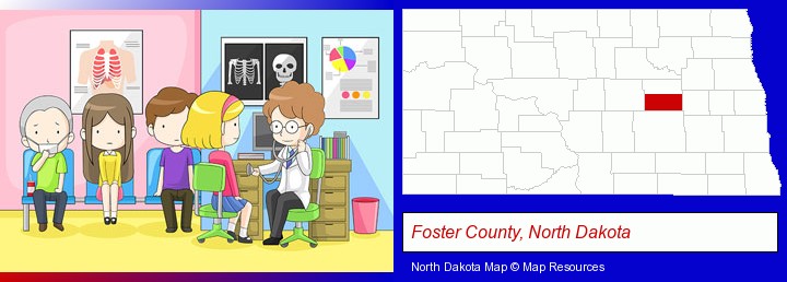 a clinic, showing a doctor and four patients; Foster County, North Dakota highlighted in red on a map