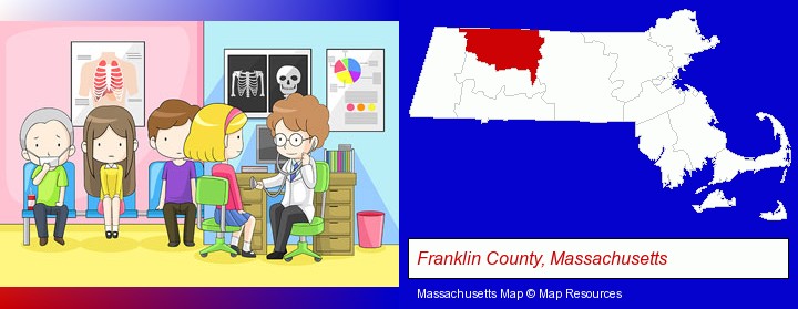 a clinic, showing a doctor and four patients; Franklin County, Massachusetts highlighted in red on a map