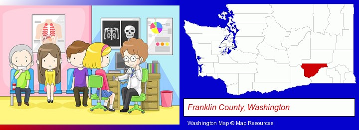 a clinic, showing a doctor and four patients; Franklin County, Washington highlighted in red on a map