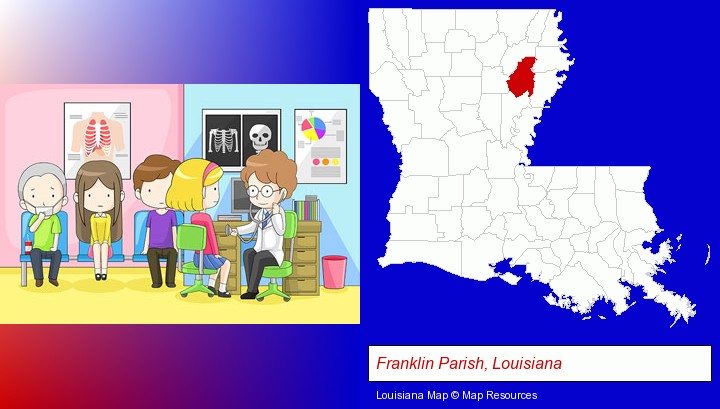 a clinic, showing a doctor and four patients; Franklin Parish, Louisiana highlighted in red on a map