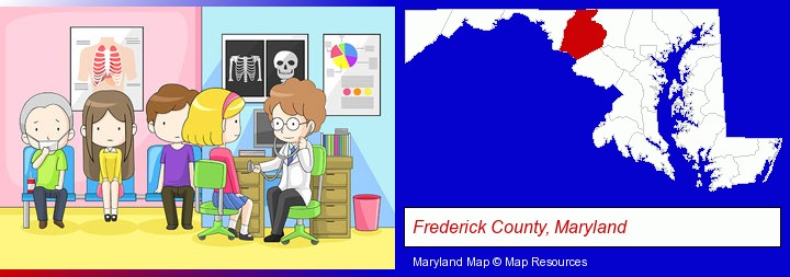 a clinic, showing a doctor and four patients; Frederick County, Maryland highlighted in red on a map