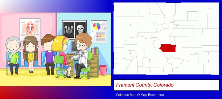 a clinic, showing a doctor and four patients; Fremont County, Colorado highlighted in red on a map